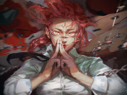 Rule 34 | 1girl, black necktie, braid, braided ponytail, chain, chainsaw man, extra eyes, facial mark, highres, jujutsu kaisen, long hair, looking at viewer, makima (chainsaw man), necktie, pluvium grandis, red hair, ringed eyes, ryoumen sukuna (jujutsu kaisen), shirt, solo, white shirt, yellow eyes