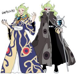 1girl absurdres angry black_cloak black_dress black_eyeshadow black_lips black_nails blue_dress boots bracelet character_name cloak dress dual_persona eye_print eyeshadow full_body genderswap genderswap_(mtf) ghetsis_(pokemon) gold_bracelet green_hair grin hands_up high_collar high_heel_boots high_heels highres holding holding_scepter holding_staff jewelry lipstick long_dress long_hair long_sleeves looking_at_viewer makeup monocle multiple_bracelets nintendo opaque_monocle pokemon pokemon_bw pokemon_bw2 red-tinted_eyewear red_eyes red_eyeshadow red_lips sash scepter scowl smile staff standing team_plasma tinted_eyewear two-tone_dress v-shaped_eyebrows venus_symbol w_arms wanderjegson white_sash wide_sleeves yellow_dress