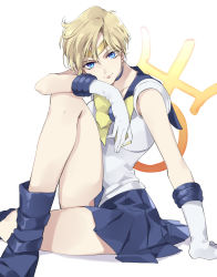 1girl bishoujo_senshi_sailor_moon blonde_hair blue_boots blue_choker blue_eyes blue_sailor_collar blue_skirt boots bow choker circlet closed_mouth female_focus gloves high_heel_boots high_heels highres kirimi_maguro light_smile looking_at_viewer miniskirt outer_senshi pleated_skirt sailor_collar sailor_senshi sailor_senshi_uniform sailor_uranus shadow shirt short_hair short_sleeves simple_background sitting skirt solo ten&#039;ou_haruka uranus_symbol very_short_hair white_background white_gloves white_shirt yellow_bow