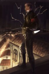 1boy absurdres armband black_boots boots brown_hair energy grey_pants hands_in_pockets highres kogu_(nue_insideout) long_sleeves male_focus on_roof pants parted_lips porco_galliard red_armband shingeki_no_kyojin short_hair sideburns undercut