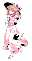 1girl barefoot blonde_hair bow closed_eyes closed_mouth commentary_request dairi dress full_body hat hat_bow highres large_variant_set long_hair louise_(touhou) neckerchief purple_bow purple_neckerchief short_sleeves solo standing tears torn_bow torn_clothes torn_dress torn_neckerchief touhou touhou_(pc-98) transparent_background variant_set white_dress white_hat