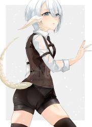 1girl au_ra black_necktie black_shorts black_thighhighs blue_eyes collared_shirt dragon_girl dragon_horns dragon_tail final_fantasy final_fantasy_xiv grey_hair horns looking_at_viewer nanase_kokono necktie scales shirt shorts solo tail thighhighs vest waistcoat warrior_of_light_(ff14) wet white_shirt