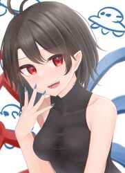 Rule 34 | 1girl, absurdres, antenna hair, asymmetrical wings, black dress, black hair, blue nails, blue wings, blush, breasts, commentary request, dakuazu, dress, hand on own face, highres, houjuu nue, impossible clothes, impossible dress, looking at viewer, medium breasts, nail polish, open mouth, pointy ears, red eyes, red wings, short hair, simple background, sleeveless, sleeveless dress, smile, solo, touhou, upper body, white background, wings