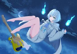1girl absurdres barefoot blue_fire blue_hair blue_nails blue_sky bow bowtie cloak cloud commentary_request crescent_moon dress electric_guitar fingernails fire floating full_body green_eyes grin guitar highres hood hood_down hooded_cloak instrument kasukane_shino koto_(miyakokoto) looking_at_viewer moon nail_polish nanashi_inc. short_hair sky smile solo star_(sky) starry_sky toenail_polish toenails virtual_youtuber white_bow white_bowtie white_cloak white_dress