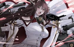 1girl breasts brown_eyes brown_hair cannon cherry_blossoms coat collar flower hair_between_eyes hair_flower hair_intakes hair_ornament headgear highres ichimonme_(ichi) kantai_collection large_breasts long_hair metal_collar open_mouth pleated_skirt ponytail red_sailor_collar rigging sailor_collar sakuramon shirt sidelocks skirt sleeveless sleeveless_coat teeth upper_body upper_teeth_only very_long_hair white_coat white_shirt white_skirt yamato_(kancolle) yamato_kai_ni_(kancolle)