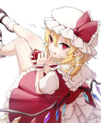 1girl black_shoes blonde_hair crying flandre_scarlet frilled_skirt frills hair_between_eyes hat highres hiwokawa knees long_hair mob_cap pointy_ears red_eyes red_skirt red_vest shirt shoes short_sleeves side_ponytail simple_background skirt socks solo tongue tongue_out touhou twitter_username vest white_background white_hat white_shirt white_socks wings