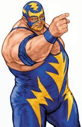 Rule 34 | 1boy, blonde hair, capcom vs snk 2, facial hair, fat, fat man, fatal fury, game cg, highres, looking to the side, male focus, muscular, nishimura kinu, non-web source, official art, pointing, raiden (snk), snk, solo, spandex, the king of fighters, wrestling, wrestling mask, wrestling outfit