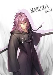 1boy black_coat_(kingdom_hearts) character_name cloak closed_mouth gloves gogo_(detteiu_de) kingdom_hearts kingdom_hearts_chain_of_memories looking_at_viewer male_focus marluxia organization_xiii solo weapon white_background