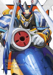 1boy arm_cannon blast_hornet_(mega_man) bug insect_wings mega_man_(series) mega_man_x_(series) orange_background red_eyes robot solo twitter_username wasp watermark weapon wings yamanashi_taiki