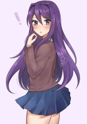 ! 1girl artist_name blue_skirt blush breasts doki_doki_literature_club hair_between_eyes highres luci_(purrlucii) medium_breasts open_mouth pink_hair purple_background purple_eyes school_uniform signature skirt solo standing thighs yuri_(doki_doki_literature_club)