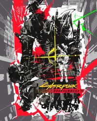 Rule 34 | 1boy, 6+others, ambiguous gender, blood, blood on clothes, blood trail, building, cape, cityscape, copyright name, crosshair, cyberpunk, cyberpunk (series), cyberpunk edgerunners, cyborg, english text, gun, highres, holding, holding gun, holding weapon, looking at viewer, multiple others, official art, spiked hair, weapon