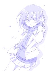 1girl blazer blue_theme chet_ray commentary_request cowboy_shot falling_petals hair_between_eyes hand_on_headphones haraga_kurumi headphones highres hood hood_down hoodie jacket kimi_no_koto_ga_dai_dai_dai_dai_daisuki_na_100-nin_no_kanojo long_sleeves looking_at_viewer monochrome ohananomitsu_middle_school_uniform open_clothes open_jacket petals plaid_clothes plaid_skirt pleated_skirt school_uniform short_hair simple_background skirt solo white_background wind