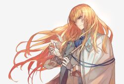 1boy adjusting_clothes adjusting_gloves ascot blonde_hair blue_ascot blue_eyes brooch cape closed_mouth commentary fate/grand_order fate_(series) feathers formal_clothes frilled_sleeves frills gloves gold_trim grey_background hair_between_eyes hands_up highres jacket jewelry kirschtaria_wodime lack light_smile long_hair long_sleeves looking_ahead male_focus open_clothes open_jacket side_cape simple_background solo suit upper_body vest white_cape white_feathers white_gloves white_jacket white_suit white_vest