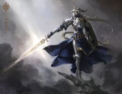 1other absurdres armored_boots au_ra boots burgonet commission english_text final_fantasy final_fantasy_xiv full_body gauntlets grey_hair highres holding holding_shield holding_sword holding_weapon long_hair ofthelimbo original other_focus paladin_(final_fantasy) shield solo sword watermark weapon