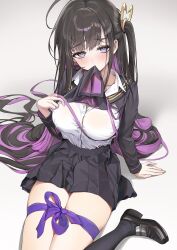 1girl ame_(uten_cancel) arm_support black_hair black_skirt black_socks blush breasts chitose_(stella_sora) commentary highres large_breasts loafers long_hair long_sleeves looking_at_viewer miniskirt mole mole_under_eye mouth_hold multicolored_hair one_side_up purple_eyes purple_hair purple_ribbon ribbon shirt shoes simple_background sitting skirt socks solo stella_sora symbol-only_commentary thighs two-tone_hair very_long_hair white_shirt