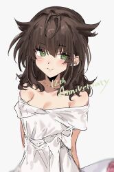 Rule 34 | 1girl, alternate costume, alternate hairstyle, anniversary, aogisa, bare shoulders, black hair, blush, breasts, closed mouth, collarbone, commentary, dress, green eyes, grey background, hair between eyes, hair flaps, hatsuzuki (kancolle), highres, jewelry, kantai collection, long hair, necklace, off-shoulder dress, off shoulder, simple background, small breasts, solo, symbol-only commentary, upper body, white dress