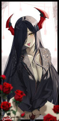 Rule 34 | 1girl, absurdres, alternate costume, aquilar, azur lane, black hair, black jacket, breasts, cleavage, collarbone, curtains, demon horns, flower, friedrich der grosse (azur lane), hair over one eye, highres, horns, indoors, jacket, large breasts, leaning forward, long hair, long sleeves, red flower, red horns, red rose, rose, sitting, slit pupils, solo, tongue, tongue out, very long hair, yellow eyes