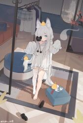 1girl absurdly_long_hair absurdres animal_ears azur_lane black_shoes blue_eyes chinese_commentary commentary_request dress fox_ears fox_girl fox_tail grey_hair hair_over_one_eye highres indoors kasumi_(azur_lane) kasumi_1118 long_hair manjuu_(azur_lane) open_mouth shoes single_bare_foot single_thighhigh sleeves_past_wrists solo standing tail thighhighs toes unworn_shoes variant_set very_long_hair white_dress white_thighhighs