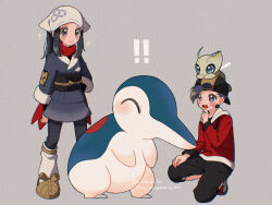 ! !! +_+ 1boy 1girl :o akari_(pokemon) alpha_pokemon alternate_size antennae backwards_hat baseball_cap black_eyes black_hair black_pants black_sash blue_eyes blue_kimono blush blush_stickers celebi closed_eyes closed_mouth cyndaquil ethan_(pokemon) eyelashes fairy_wings full_body galaxy_expedition_team_survey_corps_uniform gen_2_pokemon grey_background hand_on_own_chin hat headscarf highres hood hood_down hoodie japanese_clothes kimono kneeling legendary_pokemon long_hair long_sleeves mikakami1e mythical_pokemon nintendo obi on_head open_mouth pants pokemon pokemon_(creature) pokemon_hgss pokemon_legends:_arceus pokemon_on_head red_hoodie red_scarf sash scarf shoes short_hair sidelocks simple_background smile socks sparkle standing sweatdrop twitter_username white_headscarf white_socks wings