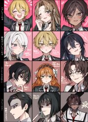Rule 34 | 6+boys, 6+girls, arms up, black choker, black hair, blonde hair, blue eyes, bow, brown eyes, brown hair, brown hairband, brown sweater, chart, chest harness, choker, collared shirt, don quixote (project moon), faust (project moon), green eyes, gregor (project moon), hair bow, hairband, hand up, harness, heathcliff (project moon), highres, hong lu (project moon), ishmael (project moon), limbus company, long hair, meursault (project moon), mu46016419, multiple boys, multiple girls, necktie, open mouth, orange hair, outis (project moon), parted bangs, pink background, project moon, red necktie, ribbed sweater, rodion (project moon), rope, ryoshu (project moon), shirt, short hair, sidelocks, simple background, sinclair (project moon), sweater, translation request, very long hair, white bow, white hair, white shirt, yellow eyes, yi sang (project moon)