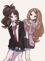 2girls alternate_costume black_jacket blue_skirt bow brown_hair collared_shirt commentary_request enekonoshippo27 hair_ornament hairpin high_ponytail hilda_(pokemon) jacket multiple_girls necktie nintendo pink_bow pokemon pokemon_bw pokemon_xy ponytail red_necktie school_uniform serena_(pokemon) shirt skirt v white_background white_shirt