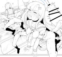 Rule 34 | 1futa, 1girl, absurdres, armband, ass, bar censor, blue archive, blush, bottomless, breasts, censored, choker, clenched teeth, closed eyes, cum, cum in mouth, cum on body, cum overflow, erection, facial, fellatio, futa with female, futanari, greyscale, hair ornament, hairclip, halo, highres, ichika (blue archive), inchore, indoors, irrumatio, justice task force member (blue archive), kneehighs, long sleeves, low wings, lying, medium breasts, monochrome, no shoes, on back, on bed, oral, panties, penis, pleated skirt, shirt, skirt, socks, sweat, teeth, underwear, wings