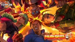 Rule 34 | 2boys, 2girls, absurdres, antenna hair, aqua hair, baseball bat, blonde hair, blue eyes, breasts, brown hair, cammy white, capcom, clenched hand, clenched teeth, commentary, company connection, crop top, english commentary, fingerless gloves, gloves, glowing, glowing eyes, head wings, highres, ichimonji batsu, justice gakuen, mega man (series), mega man x (series), morrigan aensland, multiple boys, multiple girls, official alternate costume, official alternate hairstyle, official art, over shoulder, ponytail, promotional art, purple lips, sailor collar, school uniform, sigma (mega man), street fighter, street fighter ii (series), teeth, teppen, underboob, darkstalkers, weapon, weapon over shoulder, wings