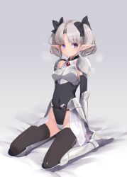 :o armor black_leotard black_ribbon black_thighhighs breastplate commentary_request covered_navel crotch_plate detached_sleeves earrings elf faulds gem greaves grey_hair highleg highleg_leotard jewelry kirishima_satoshi leotard on_bed original pauldrons pointy_ears purple_eyes red_gemstone ribbon sabaton shoulder_armor silver_earrings sitting thighhighs twintails vambraces wariza