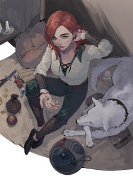 Rule 34 | 1girl, aqua eyes, backpack, bag, baldur&#039;s gate, baldur&#039;s gate 3, ball, breasts, byuub, candle, cleavage, coin, dagger, dog, dungeons & dragons, dungeons &amp; dragons, earrings, from above, jewelry, knife, long hair, pants, poet shirt, potion, pouch, scratch (baldur&#039;s gate), shoes, solo, tav (baldur&#039;s gate), weapon
