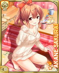 1girl barefoot bedroom bottomless brown_eyes brown_hair card_(medium) clothes_tug girlfriend_(kari) hair_ornament indoors kneeling looking_at_viewer nervous official_art open_mouth ponytail qp:flapper sakurai_akane_(girlfriend_(kari)) sweater sweater_tug upset white_sweater