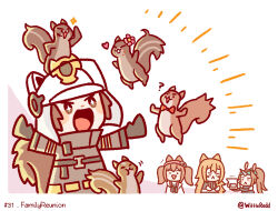 1koma 4girls :&lt; ? angelina_(arknights) animal_ears animal_ears_helmet animal_helmet arknights black_gloves black_jacket blender_(object) bow bowtie brown_eyes brown_hair bubble_(arknights) ceobe_(arknights) chibi comic commentary dog_ears dog_girl english_commentary english_text fire_helmet firefighter firefighter_jacket flower flower_on_head fox_ears gloves hairband heart helmet highres horns jacket large_tail long_hair long_sleeves multiple_girls open_mouth red_bow red_bowtie red_hairband rhinoceros_ears rhinoceros_girl salute shaw_(arknights) short_hair single_horn squirrel squirrel_girl squirrel_tail tail twintails twitter_username wittle_red