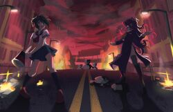 2girls ahoge blue_sailor_collar blue_skirt bright_pupils building city cloud cloudy_sky commentary danganronpa_(series) danganronpa_another_episode:_ultra_despair_girls english_commentary fence fire fukawa_toko full_body genocider_shou high_heels highres holding holding_scissors karu_(8komori) kneehighs lamppost long_hair long_skirt long_sleeves long_tongue monokuma multiple_girls naegi_komaru neckerchief open_mouth purple_hair red_neckerchief road sailor_collar scissors shadow shirt shoes short_hair short_sleeves skirt sky socks standing street thighhighs tongue tongue_out white_pupils white_shirt