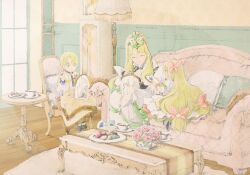 1boy 2girls aged_down alfred_(fire_emblem) black_shoes blonde_hair butterfly_hair_ornament celine_(fire_emblem) chair clock closed_eyes closed_mouth commentary_request couch cup dress eve_(fire_emblem_engage) family fire_emblem fire_emblem_engage flower food full_body grandfather_clock green_eyes hair_ornament highres indoors knitting long_hair long_sleeves multiple_girls nintendo on_chair on_couch open_mouth plate ponytail shirt shoes short_hair short_sleeves sitting smile table teacup toki_(xxxxxmoe1983oct) very_long_hair white_dress white_shirt