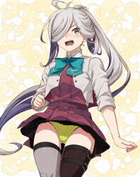 1girl ahoge aqua_bow aqua_bowtie asashimo_(kancolle) asashimo_kai_ni_(kancolle) asymmetrical_legwear black_thighhighs blazer blush bow bowtie cowboy_shot dress gradient_background grey_eyes grey_hair grey_thighhighs hair_over_one_eye highres jacket kanmiya_shinobu kantai_collection long_hair looking_at_viewer mismatched_legwear panties pleated_dress ponytail purple_dress school_uniform seamed_legwear sharp_teeth shirt side-seamed_legwear sleeves_rolled_up solo surprised teeth thighhighs underwear white_shirt yellow_background yellow_panties