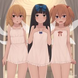 Rule 34 | 3girls, :&gt;, :c, :d, alternate costume, bare shoulders, black hair, blonde hair, blue bow, blue eyes, blunt bangs, bow, brown eyes, commentary request, drill hair, flat chest, hair bow, hands up, highres, indoors, long hair, looking at viewer, luna child, medium hair, miyo (ranthath), multiple girls, nightgown, open mouth, orange hair, sketch, smile, star sapphire, sunny milk, touhou, two side up, upper body, white nightgown, yellow eyes
