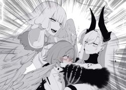 3girls 55nyako20 anger_vein annoyed blush breasts cleavage demon_girl demon_horns demon_wings fate/grand_order fate_(series) fujimaru_ritsuka_(female) greyscale highres horns large_breasts lilith_(fate) lilith_(third_ascension)_(fate) long_hair looking_at_another louhi_(fate) louhi_(third_ascension)_(fate) monochrome multiple_girls pointy_ears wings