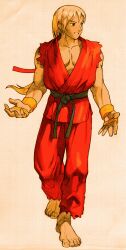 Rule 34 | 1boy, absurdres, barefoot, bengus, blonde hair, brown eyes, capcom, dougi, game cg, highres, ken masters, long hair, looking to the side, male focus, martial arts belt, marvel, marvel vs. capcom, marvel vs. capcom 2, muscular, muscular male, non-web source, official art, scan, simple background, smile, solo, street fighter