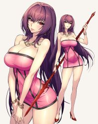 1girl absurdres alternate_costume bare_arms bare_shoulders bracelet breasts cowboy_shot dress dynamitenatalia earrings fate/grand_order fate_(series) gae_bolg_(fate) hair_intakes highres holding holding_polearm holding_weapon jewelry large_breasts long_hair looking_at_viewer multiple_views necklace paid_reward_available pink_dress polearm purple_hair red_eyes scathach_(fate) simple_background smile standing thighs weapon white_background