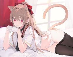 1girl aiko_(kanl) animal_ears azur_lane bed black_choker black_necktie bow breasts brown_hair brown_thighhighs cat_ears cat_tail choker closed_mouth commentary_request crop_top crop_top_overhang extra_ears gloves hair_bow half_gloves kemonomimi_mode long_hair looking_at_viewer lying medium_breasts navel necktie no_pants on_bed on_side panties ponytail red_eyes red_sailor_collar sailor_collar shirt short_sleeves solo stomach swiftsure_(azur_lane) tail thighhighs thighs underwear very_long_hair white_gloves white_panties white_shirt