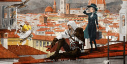 1boy 1other 2girls apple_(reverse:1999) apple_of_eden ascot assassin&#039;s_creed_(series) assassin&#039;s_creed_ii bird boater_hat brown_gloves cape cityscape coat copyright_name crossover eagle english_text ezio_auditore_da_firenze florence_(city) florence_cathedral gloves grey_hair hair_bun hat highres holding holding_suitcase hood italy multiple_girls official_alternate_costume official_art reverse:1999 single_side_bun sotheby suitcase vertin_(reverse:1999) white_ascot