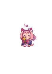 &gt;_&lt; 1girl :3 absurdres animal_ears blush_stickers bow buruma chibi closed_eyes closed_mouth ear_bow facing_viewer fringe_trim full_body gameplay_mechanics gloves gym_shirt gym_uniform hairband haru_urara_(umamusume) highres holding horse_ears horse_girl horse_tail jacket moko39_takasora open_clothes open_jacket pink_hair ponytail red_buruma red_gloves red_hairband shirt shoes simple_background solo standing tail trophy umamusume v-shaped_eyebrows white_background white_bow white_jacket white_shirt white_shoes
