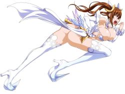 Rule 34 | 1girl, ass, breasts, brown hair, clothes, detached sleeves, hair ornament, high heels, honjou raita, huge breasts, kuramoto erika, large breasts, legs, long hair, mahou shoujo (raita), open mouth, purple eyes, running, shoes, thighhighs, thighs, thong, wings, zettai junpaku mahou shoujo