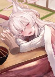 1girl 1other :d absurdres akira_(blue_archive) animal_ear_fluff animal_ears blue_archive blush cat_ears cat_girl colored_eyelashes commentary_request disembodied_hand half_updo halo happy highres holding_hands indoors interlocked_fingers kotatsu leaning_forward long_hair looking_at_viewer lying oiru_(613) open_mouth ponytail pov pov_hands red_eyes relaxing short_ponytail smile solo_focus table tatami under_kotatsu under_table white_eyelashes white_hair