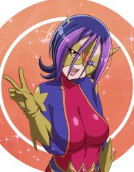 1girl artist_name bodysuit breasts curvy dated domino_mask droite_(yu-gi-oh!) female_focus highres large_breasts lipstick looking_at_viewer makeup mask multicolored_hair nanaeljustice one_eye_closed open_mouth orange_eyes shiny_clothes skin_tight smile solo teeth tongue two-tone_hair v yu-gi-oh! yu-gi-oh!_zexal
