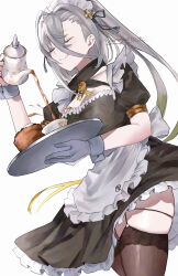 1girl absurdres apron black_dress breasts brown_thighhighs cleavage closed_eyes commentary_request cup dress fate/grand_order fate_(series) food gloves green_hair hair_between_eyes highres huyan_zhuo_(fate) huyan_zhuo_(fgo_fes._2025)_(fate) large_breasts long_hair maid maid_headdress multicolored_hair pouring puffy_short_sleeves puffy_sleeves short_sleeves skeymd smile solo streaked_hair tea teacup teapot thighhighs thighs tray very_long_hair waist_apron white_apron white_gloves white_hair wrist_cuffs