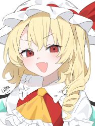 1girl :d absurdres ascot blonde_hair collared_shirt commentary_request crystal_wings double-parted_bangs drill_hair eyelashes fang flandre_scarlet frilled_ascot frilled_shirt_collar frilled_sleeves frills hat hat_ribbon highres homura_(homura_me) light_blush looking_at_viewer medium_hair mob_cap open_mouth puffy_short_sleeves puffy_sleeves red_eyes red_ribbon red_vest ribbon shirt short_sleeves side_drill signature skin_fang smile solo touhou upper_body v-shaped_eyebrows vest white_background white_hat white_shirt yellow_ascot