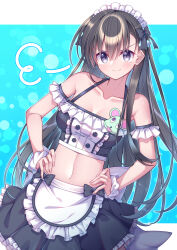 &gt;:) 1girl akiyoshi_fuyuka alternate_costume apron back_bow bare_shoulders black_bow black_hair black_skirt blue_background blush bow breasts buttons center_frills closed_mouth collarbone commentary_request cowboy_shot crop_top double-breasted doyagao dutch_angle enmaided eyes_visible_through_hair frilled_apron frilled_shirt frilled_skirt frills grey_eyes hair_behind_ear hair_between_eyes hair_bow hands_on_own_hips highres kanojo_no_seiiki long_hair looking_at_viewer maid maid_headdress mate_(oktavia1121) medium_breasts midriff navel puff_of_air shirt simple_background skirt smile smug solo split_mouth straight_hair v-shaped_eyebrows very_long_hair waist_apron white_apron white_bow white_wrist_cuffs wrist_cuffs