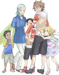 2girls 3boys aqua_hair backpack bag bangle barefoot black_footwear black_hair blonde_hair blue_shirt bracelet brown_footwear brown_hair closed_eyes dark_skin double-parted_bangs dress eureka_(eureka_seven) eureka_seven eureka_seven_(series) flower_hairpin forehead_jewel freckles full_body grey_eyes hair_between_eyes hair_ornament hairclip highres holding_hands hood hood_down hooded_jacket jacket jewelry linck long_sleeves looking_back maeter maurice multicolored_jacket multiple_boys multiple_girls pink_shoes red_footwear renton_thurston rueisi_(namezari) shirt shoes short_sleeves shorts simple_background sketch sleeveless sleeveless_dress smile spiked_hair swept_bangs t-shirt two-tone_jacket two-tone_shirt white_background wings