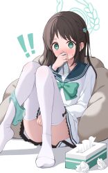 ! !! 1girl @_@ airi_(blue_archive) aqua_bow aqua_bowtie aqua_eyes aqua_halo aqua_panties black_sailor_collar blue_archive blush bow bowtie brown_hair caught commentary_request female_masturbation food-themed_hair_ornament hair_ornament halo handkerchief highres holding holding_handkerchief implied_masturbation knees_together_feet_apart knees_up long_hair long_sleeves looking_at_viewer masturbation panties panties_around_one_ankle polka_dot polka_dot_panties sailor_collar shijima_(shijima_tc) shirt simple_background sitting skirt smelling soles solo sweat thighhighs thighs tissue_box two_side_up underwear used_tissue white_background white_shirt white_skirt white_thighhighs
