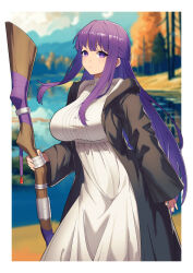 Rule 34 | absurdres, alan (pixiv 16011384), autumn leaves, black cloak, breasts, cloak, commentary request, dress, fern (sousou no frieren), forest, highres, holding, holding staff, lake, landscape, large breasts, leaf, long hair, long sleeves, looking at viewer, mage staff, mountain, nature, outdoors, purple eyes, purple hair, sidelocks, smile, sousou no frieren, staff, standing, very long hair, white dress
